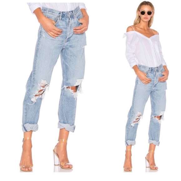 Agolde Denim - AGOLDE "90's HIGH RISE LOOSE FIT JEAN" w/ Frayed Hem In "FALL OUT" 28 Distressed
